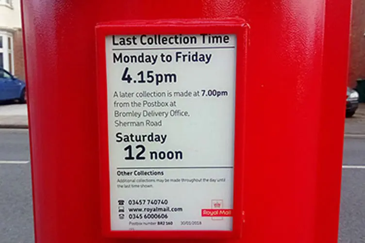Postbox Collection Time Wendover Road and Langdon Road Corner Bromley